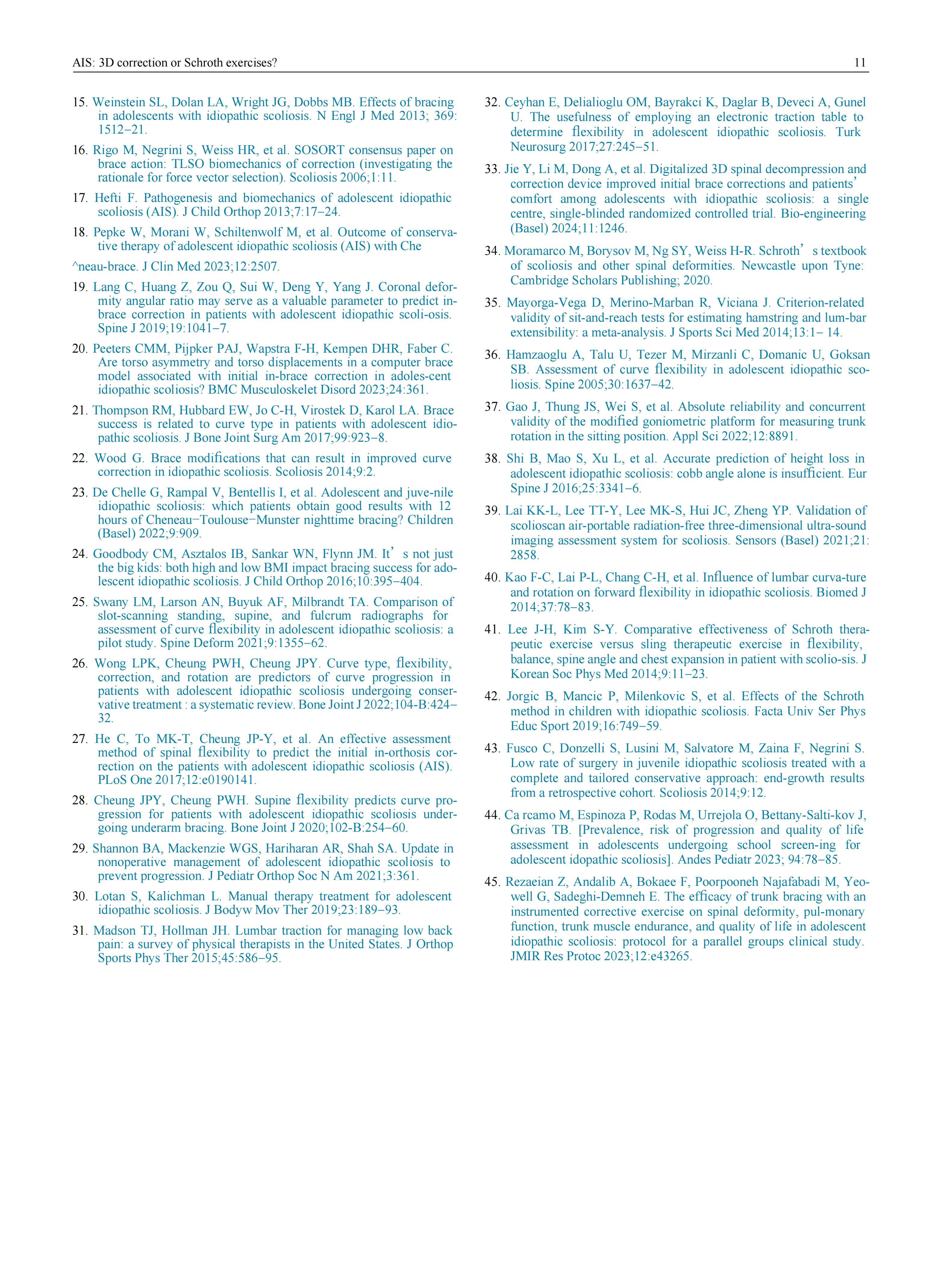 青少年特发性脊柱侧弯患者采用先进机械三维脊柱侧弯矫正方案的效果